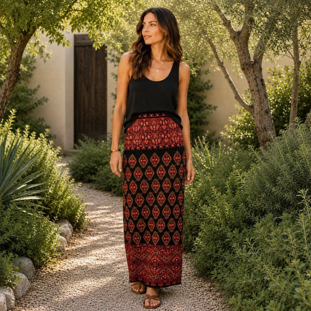 Peruvian Connection Maxi Skirt M Black Kilim Brasov Pima Cotton Geometric Boho